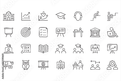Academic education outline icons with university graduation and study