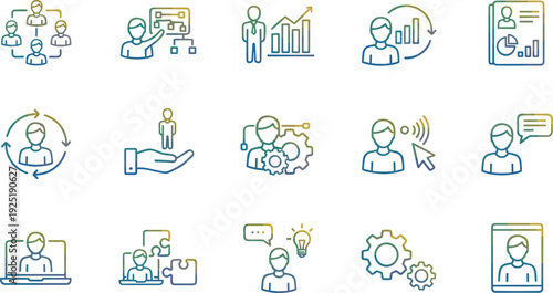 Human resources and business management icons illustrating teamwork, planning, growth, communication, innovation, digital interaction, and organizational development