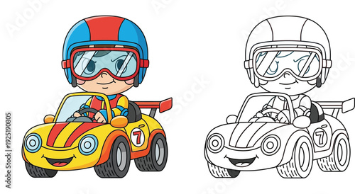 Cute cartoon boy driving a yellow race car. Full color illustration alongside a black and white outline version for a coloring book page.