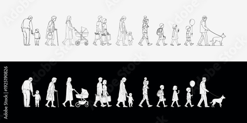 Diverse Group of People of All Ages Walking in a Line, Illustrating Different Life Stages and Daily Activities in a Minimalist Line Art Style
