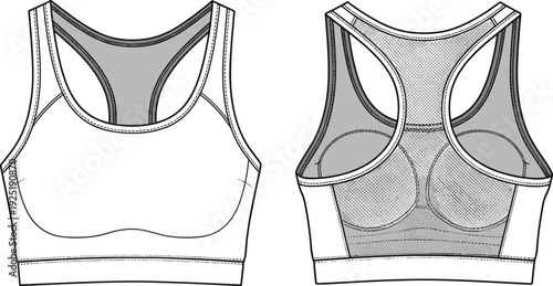 Fashion illustration, women’s sports bra design, racerback cut, mesh panel, wide straps, athletic wear, garment construction, apparel drawing, clothing pattern