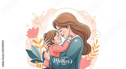 Mother and child embracing happy mother's day floral background loving family moment warm illustration