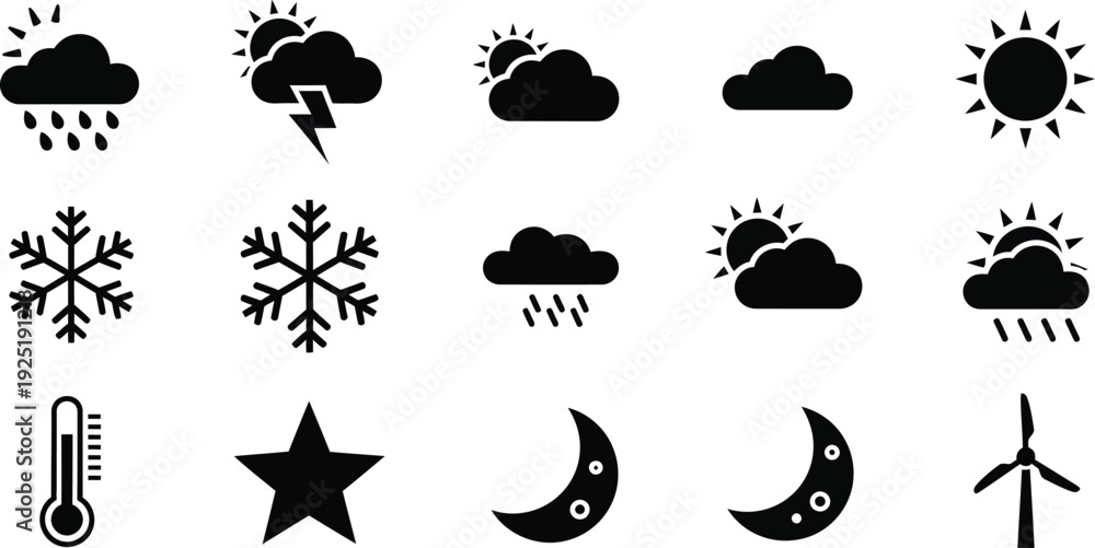 Fototapeta premium Weather forecast icon set vector illustration with sun, clouds, rain, thunderstorm, snow, wind, and moon symbols on transparent background, ordered weather elements