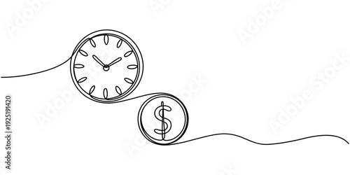 Time Value of Money Flat Line Icon, Outline Vector Symbol Illustration. Pixel Perfect, Clock and coin with dollar sign continuous one line drawing, Time Is Money Line icon, Sketch Design, Pixel.