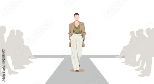 A flat illustration of a woman walking on a fashion runway wearing a beige blazer, green top, and white wide-leg pants with an audience.