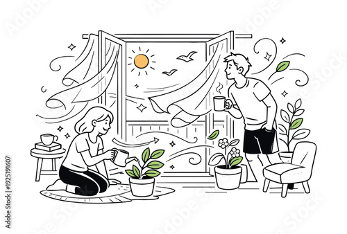 Spring Breeze Indoors. A cozy interior with open balcony doors, sheer curtains lifted by wind, and potted