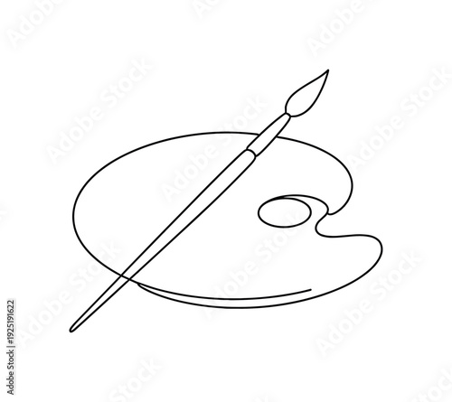 "Paintbrush and Palette". Minimalistic one-line drawing classic artist palette with thumb hole and single
