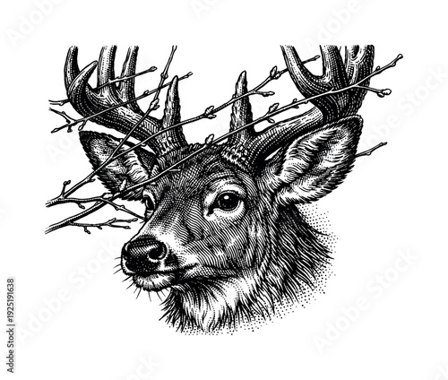 Close-up of a deer’s head with antlers partially intersected by thin spring twigs, black and white halftone