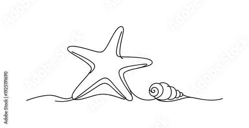 "Starfish and Seashell". Minimalistic one-line drawing starfish beside small spiral seashell in simple beach