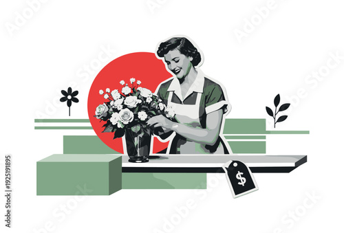 Minimalist editorial collage of a black and white retro florist woman arranging flowers behind a counter,