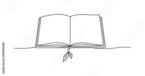 Minimalist Travel Journal. "Travel Journal Scene". Minimalistic one-line drawing open journal with small leaf