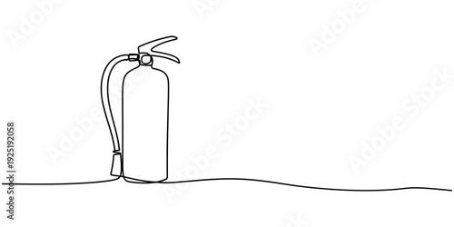 Continuous one line drawing of fire extinguisher icon in silhouette on a white background. Linear stylized Minimalist, Continuous linear drawing of a fire extinguisher. Single line drawing of a fire.