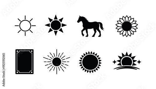Minimal Sun tarot line art. Filled icon set of Minimal Sun tarot line art: simple sun outline, sun with
