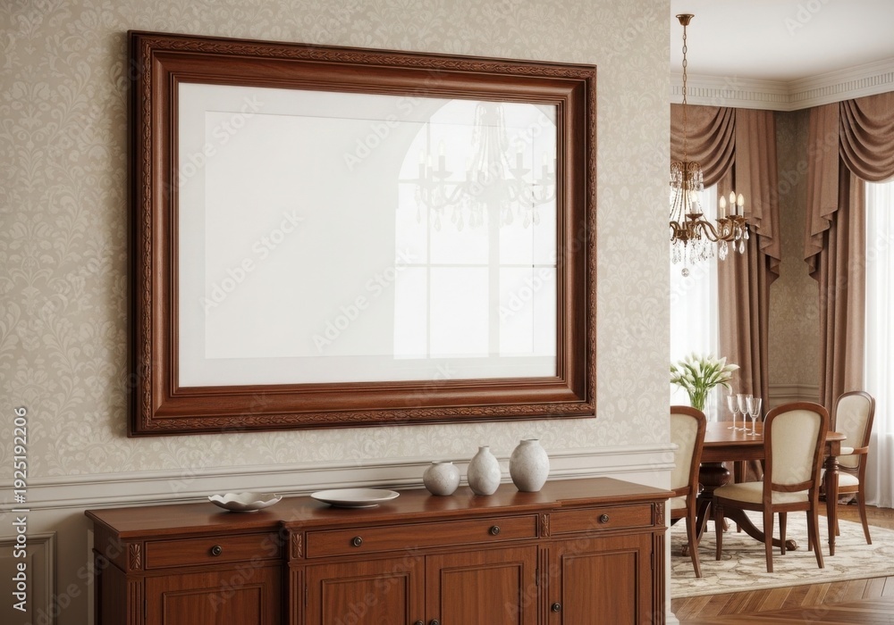 Fototapeta premium Large wooden framed mirror above a buffet table in a classic dining room.