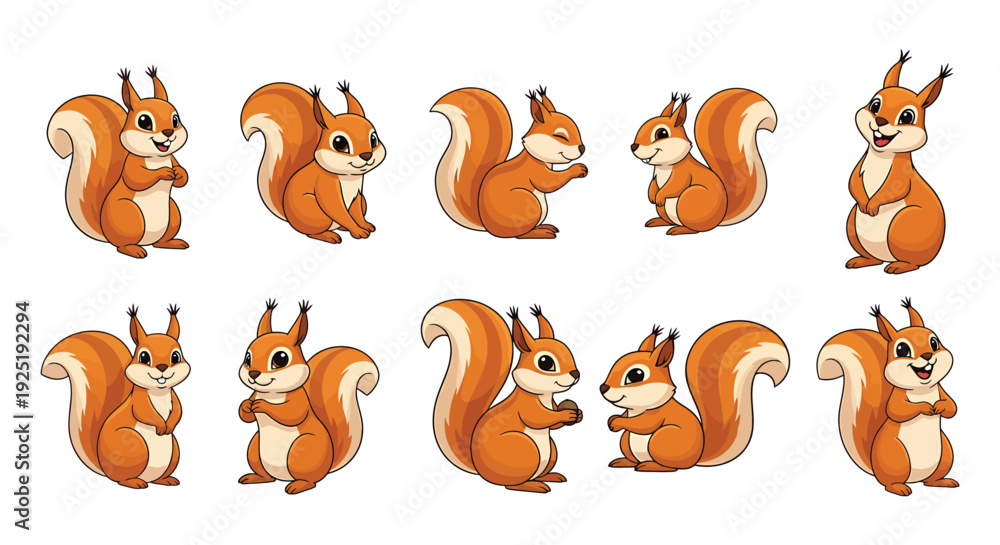 Obraz premium Cute Cartoon Squirrel Collection Set with Different Poses and Expressions Isolated on White Background