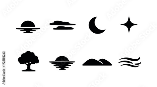 Twilight glow. Filled icon set of Twilight glow: half sun below horizon, thin clouds, crescent moon, bright