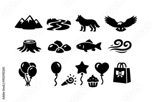Wild ecosystem. Filled icon set of Wild ecosystem: mountain range, river stream, wolf, eagle, tree stump,