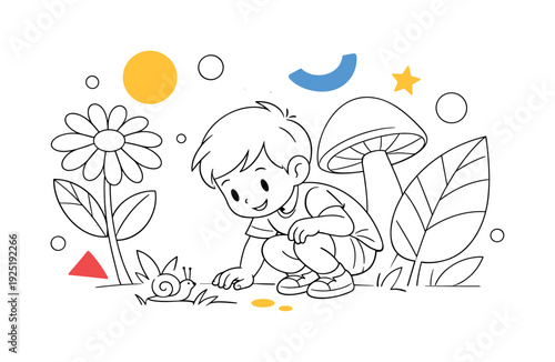 Kids nature curiosity. A child crouching down to observe a small snail on the grass, curious expression and