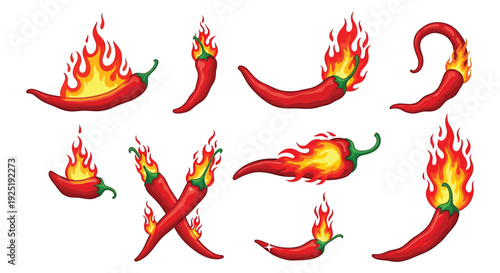 Spicy Chili Peppers with Flames Cartoon Set, Hot Red Peppers on Fire Illustration Collection