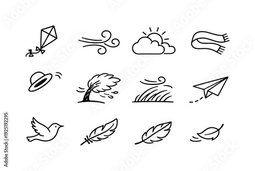 windy day outline drawing. Line outline icon set of windy day outline drawing: kite, wind swirl, cloud, sun