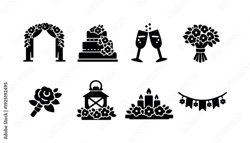Fototapeta premium Spring Wedding Decor. Filled icon set of Spring Wedding Decor: floral arch, wedding cake with flowers,