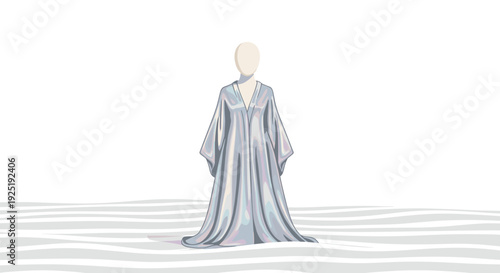 Mannequin in a flowing floor-length iridescent robe standing on a minimalist white background with subtle wavy lines.