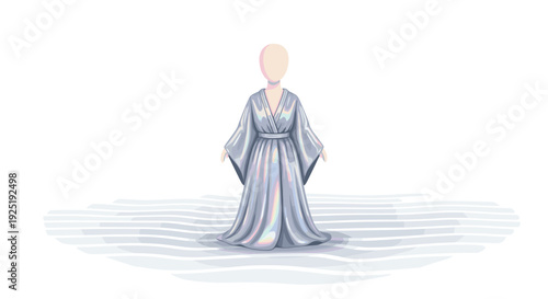Mannequin in a belted floor-length iridescent robe with wide sleeves standing on a minimalist white background.