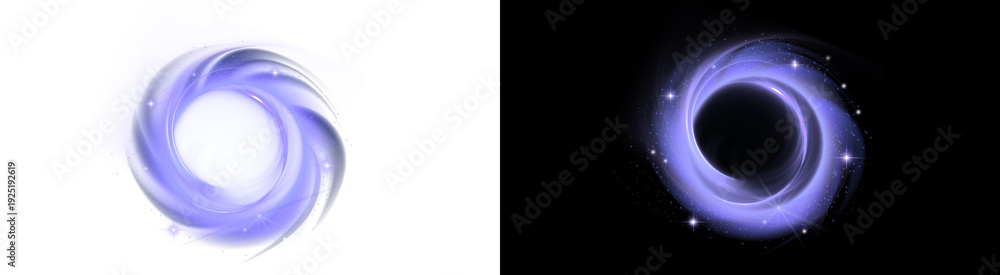 Fototapeta premium PNG image of&nbsp;A vibrant, glowing purple and blue cosmic vortex, reminiscent of a celestial black hole or spacetime wormhole, emitting sparkling stardust and ethereal light, on transparent background. o
