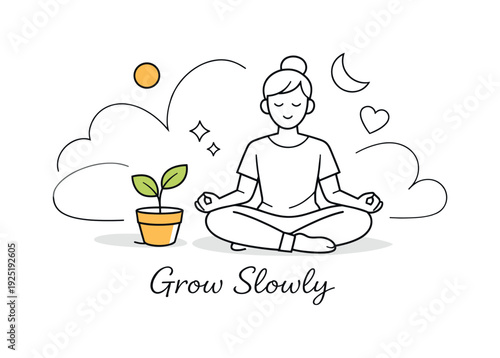 Mindful Growth Illustration. Mindfulness and patience. A calm person sitting cross-legged next to a small