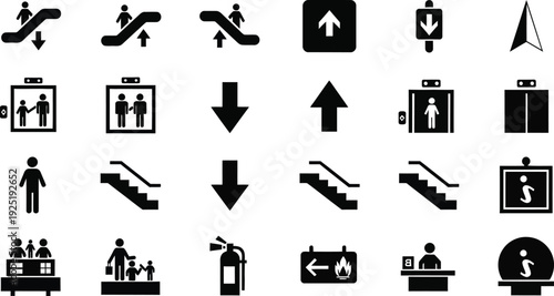 A collection of black staircase and escalator icons with directional arrows for navigation purposes
