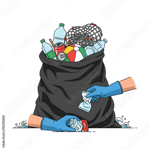 Hands in blue gloves collecting ocean plastic waste into a large black bag