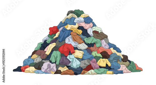 A large, colorful pile of various clothes, including shirts, dresses, and trousers, rests on a clean white background.