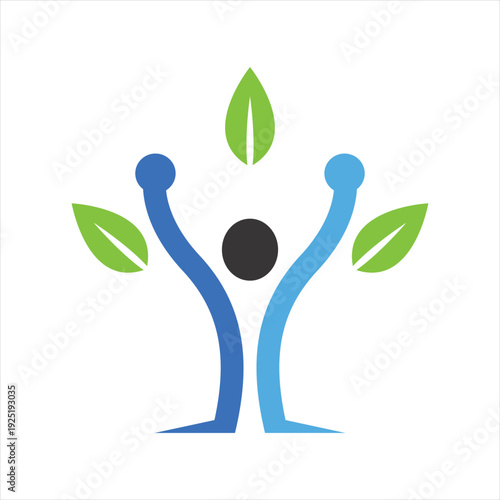 Stylized person celebrating with arms raised under growing leaves