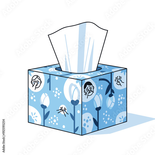 Cartoon tissue box with floral pattern and sick faces, representing illness and allergies