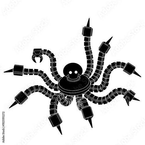 Black and white illustration of a mechanical octopus with tentacles.