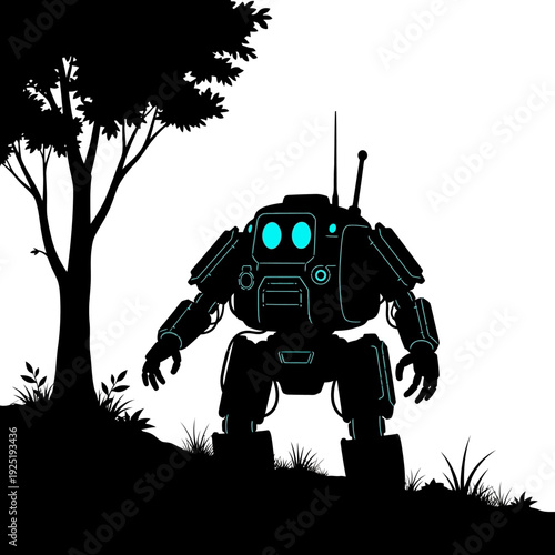 Silhouette of a futuristic robot standing near a tree on a hill.