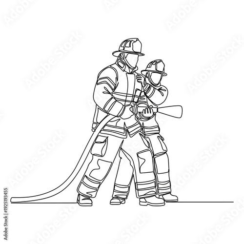 Continuous line drawing of firefighters holding hose, vector illustration.