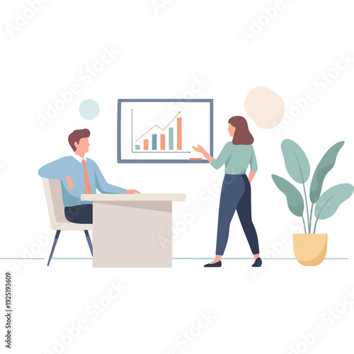 Professionals discussing a presentation with a growth chart in the office setting Vector
