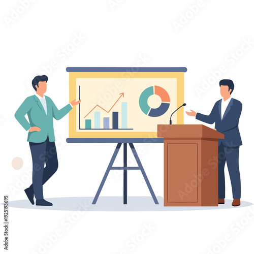 Two professionals discussing a presentation with data charts and graphs Vector