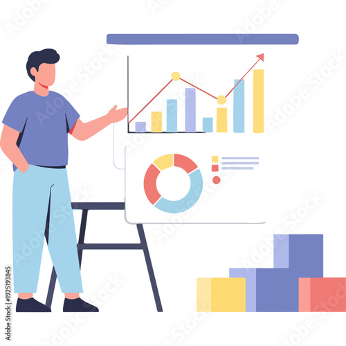 Professional presenting business data analytics using charts and graphs on a whiteboard Vector