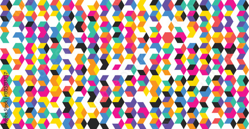 Geometric seamless pattern with colorful isometric cubes and hexagons. Created in a vibrant, abstract style with a bright, varied color palette including yellow, pink, blue, green, and black.
