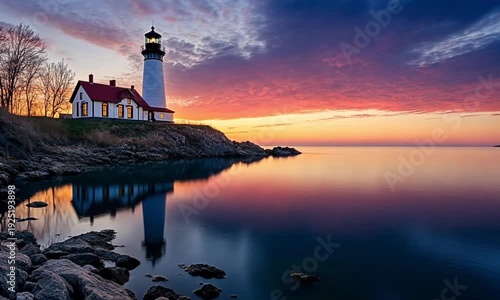Serene Lighthouse at Sunset with Calm Waters.