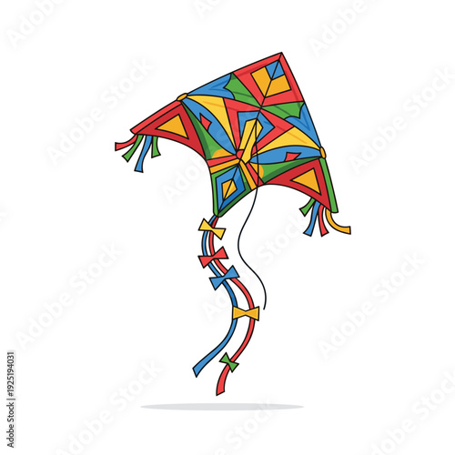 Colorful geometric kite with streamers flying high against a white background