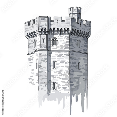 Detailed illustration of a medieval stone castle tower with crenellations and arched windows