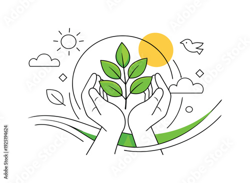 Sustainable Growth Illustration. Eco lifestyle concept. Hands holding a vibrant leaf branch as a symbol of
