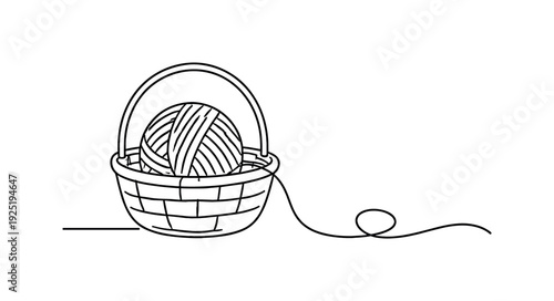 "Yarn Basket". Minimalistic one-line drawing small basket holding ball of yarn with thread gently flowing