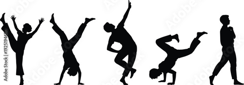 Collection of breakdance dancer silhouettes in dynamic poses, black vector illustration isolated on light background for hip hop culture and urban design