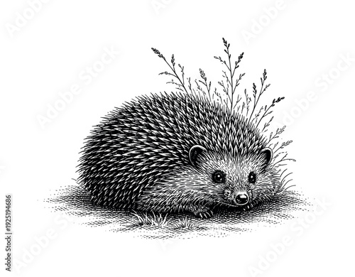 A single hedgehog curled slightly with a few thin plant stems rising around its back, black and white halftone