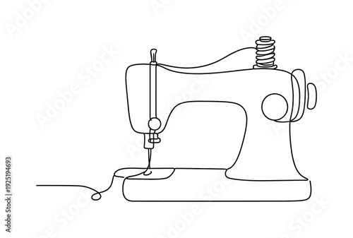 "Sewing Machine with Thread". Minimalistic one-line drawing sewing machine with spool of thread on top and