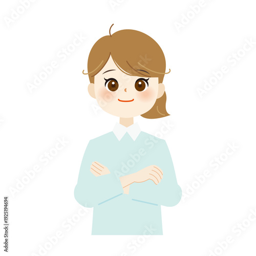 笑顔で腕組みをする女性のイラスト　自信・安心・信頼